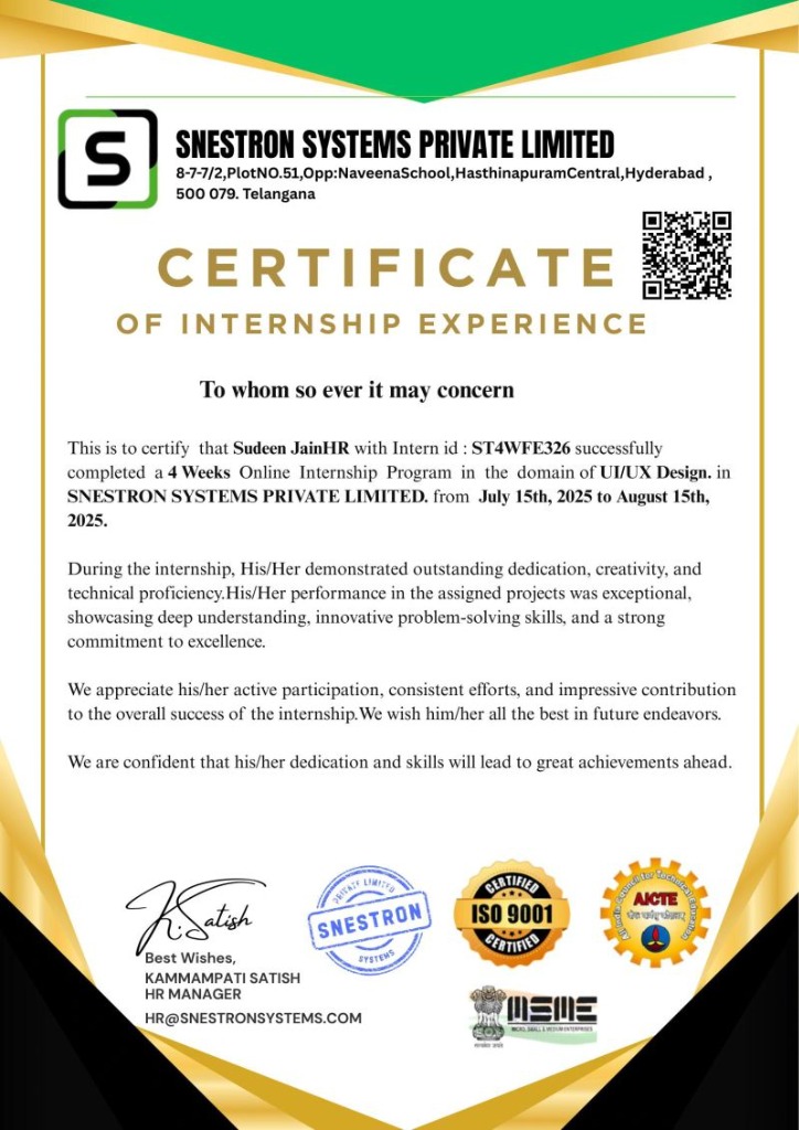 UI/UX Design Internship - Snestron Systems